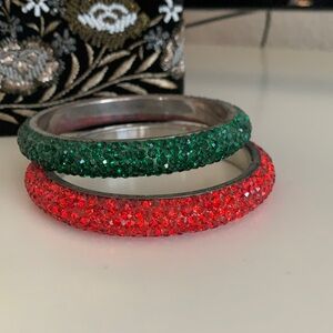 Christmas colors Bangles vintage rhinestones set of 2 red & green